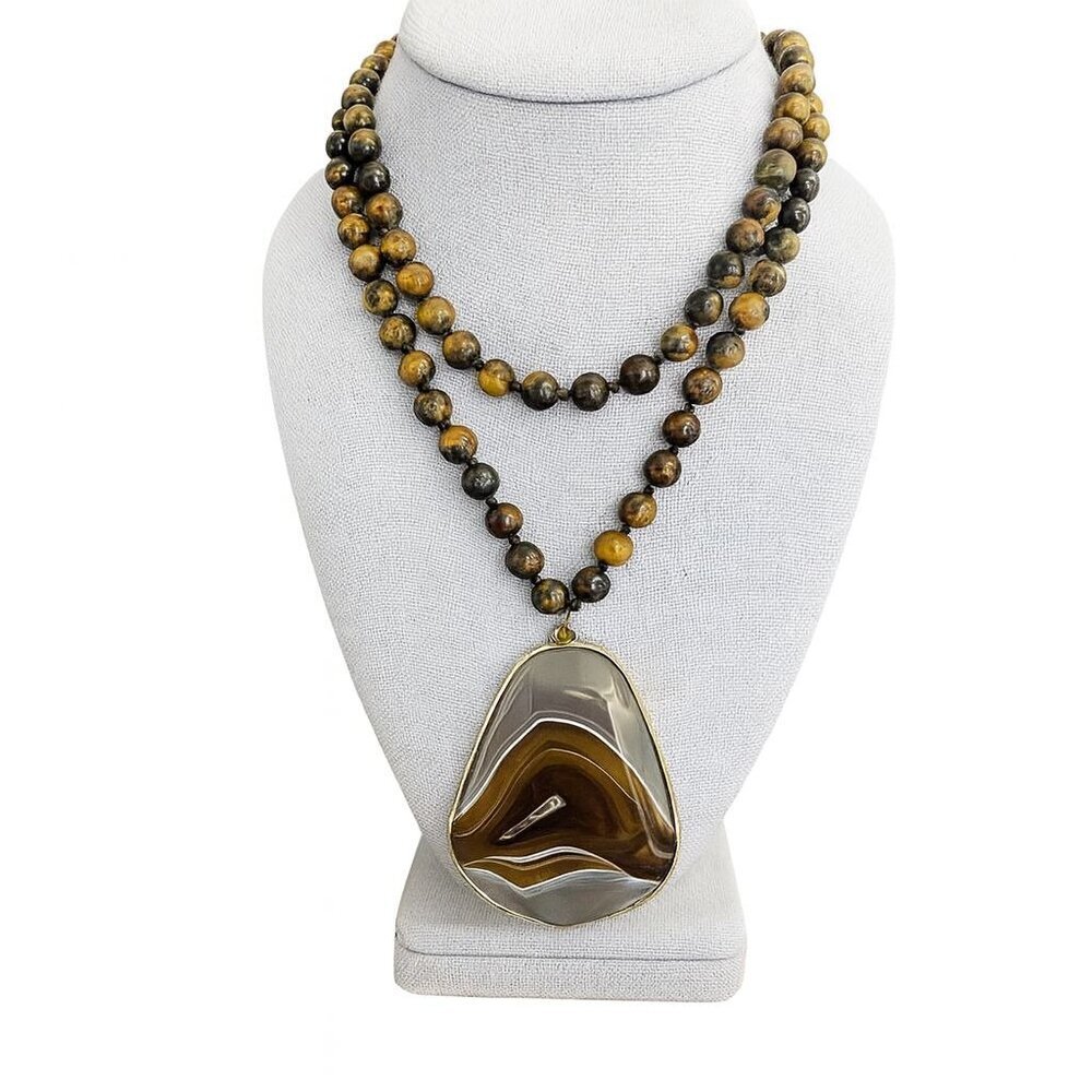 Vintage Brown Agate & Tiger's Eye Beaded Long Pendant Necklace 34" - Picture 3 of 5